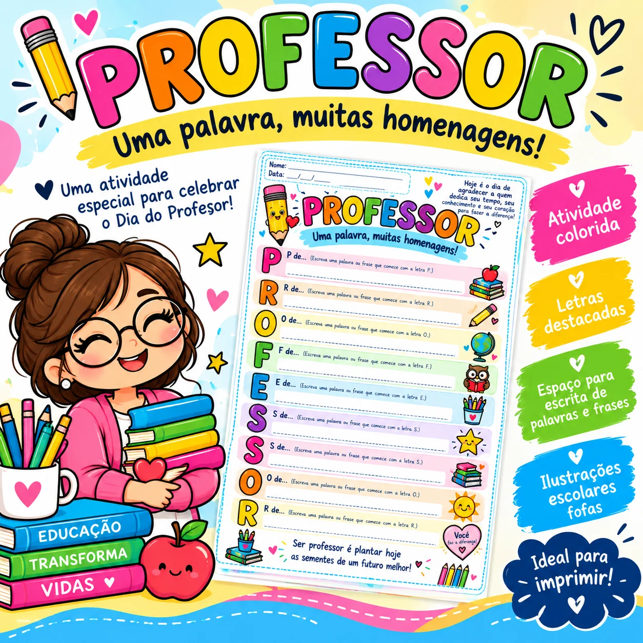 PROFESSOR: Uma palavra, muitas homenagens! — Alfabetização para Educação Infantil: Atividade colorida para o Dia do…