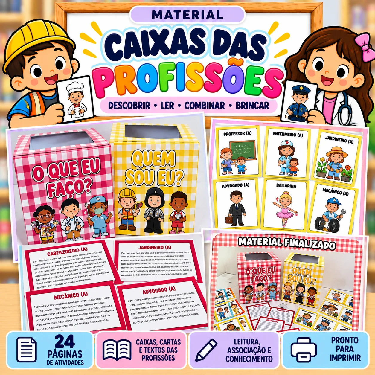 Profissões | Caixas interativas de Leitura e Associação — Português para 1º ano: Recurso lúdico com caixas e fichas sobre…