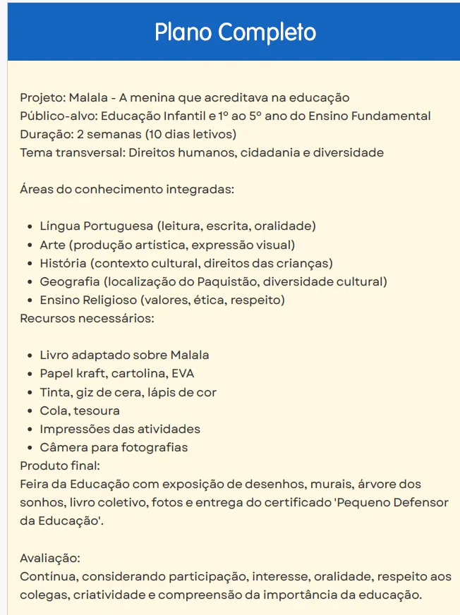 PROJETO MALALA – EDUCAÇÃO, RESPEITO E TRANSFORMAÇÃO! ANOS INICIAIS — amostra 1: O Projeto Malala reúne diferentes recursos…