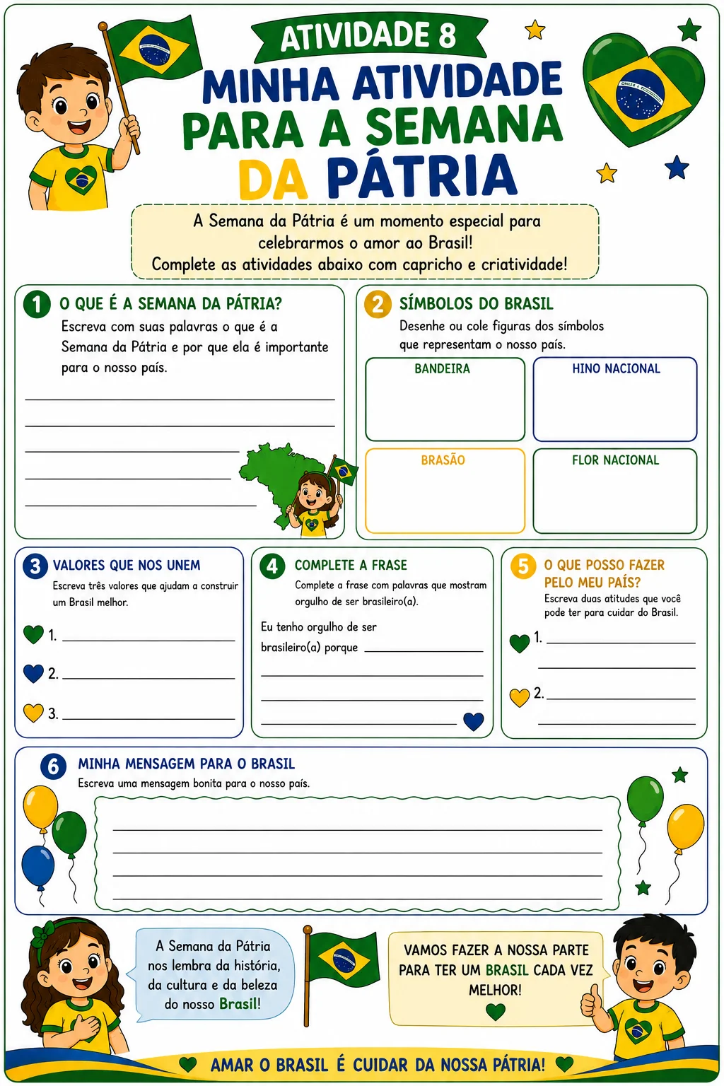 Projeto Semana da Pátria – 8 Atividades | 2º e 3º Ano — amostra 1: Material pedagógico colorido com 8 atividades…