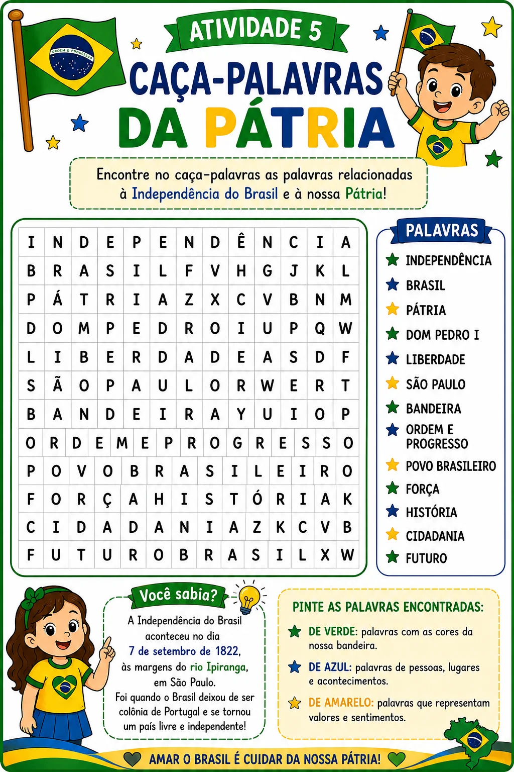 Projeto Semana da Pátria – 8 Atividades | 2º e 3º Ano — amostra 3: Material pedagógico colorido com 8 atividades…