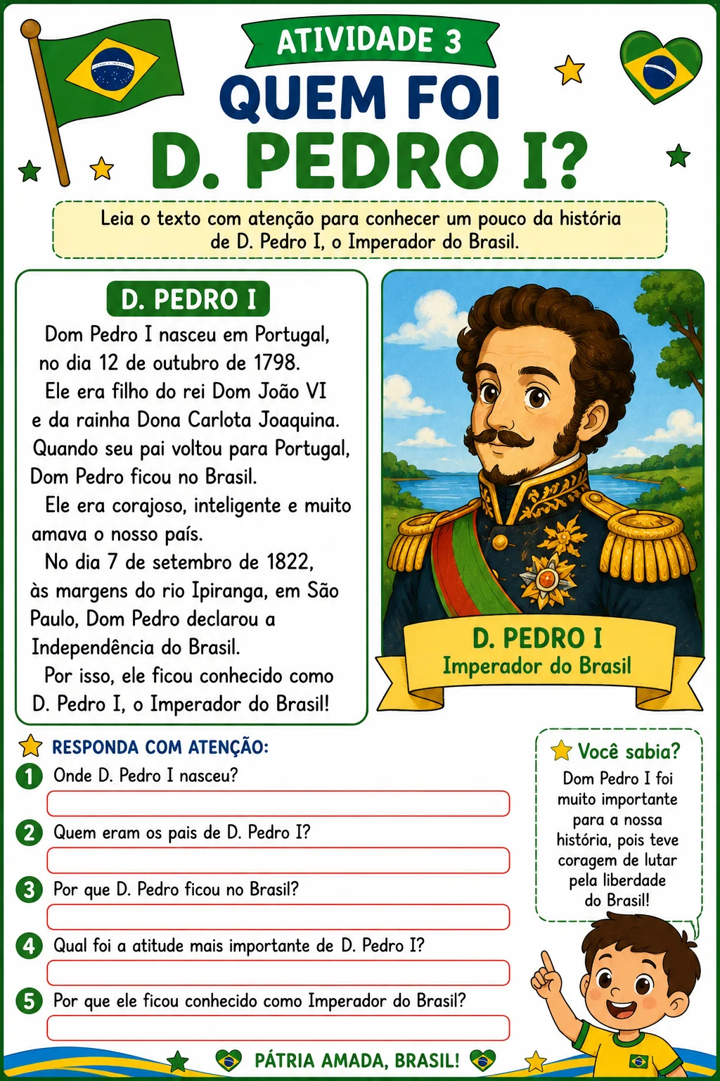 Projeto Semana da Pátria – 8 Atividades | 2º e 3º Ano — amostra 5: Material pedagógico colorido com 8 atividades…
