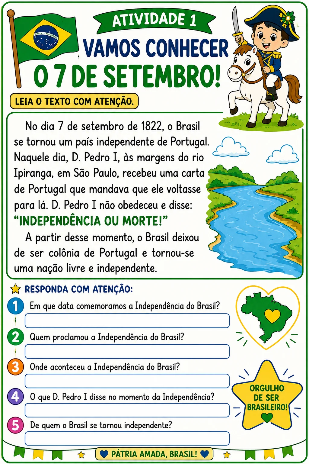 Projeto Semana da Pátria – 8 Atividades | 2º e 3º Ano — amostra 7: Material pedagógico colorido com 8 atividades…