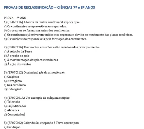 Prova de reclassificação 7º para 8º e 8º para 9º — capa do material