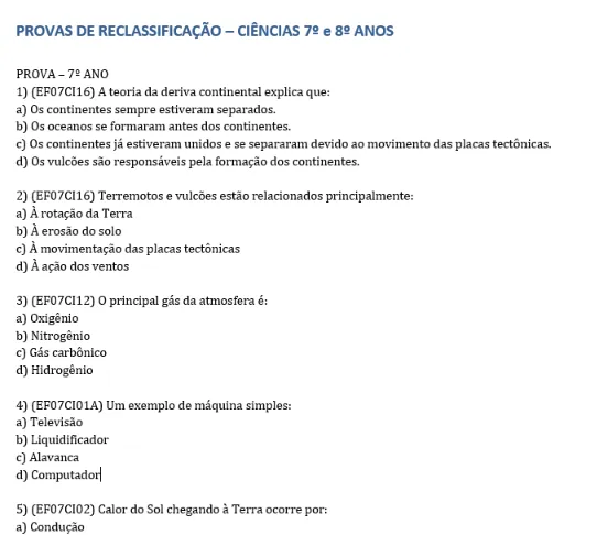 Prova de reclassificação 7º para 8º e 8º para 9º — Atividades para Fundamental II (6º–9º): atividade pronta para aplicar e…