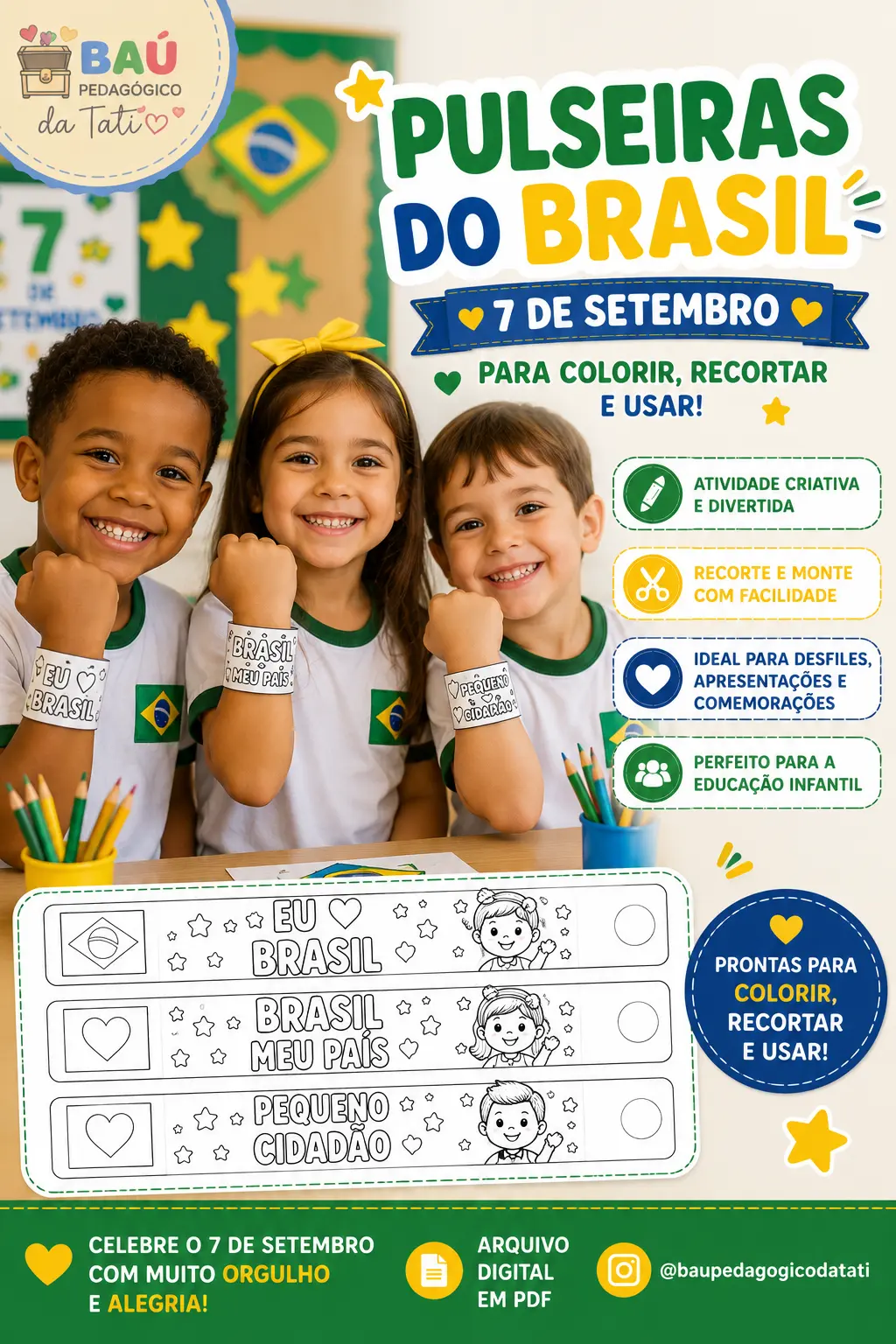 Pulseiras do Brasil para Colorir – 7 de Setembro — amostra 1: Pulseiras do Brasil para colorir e montar