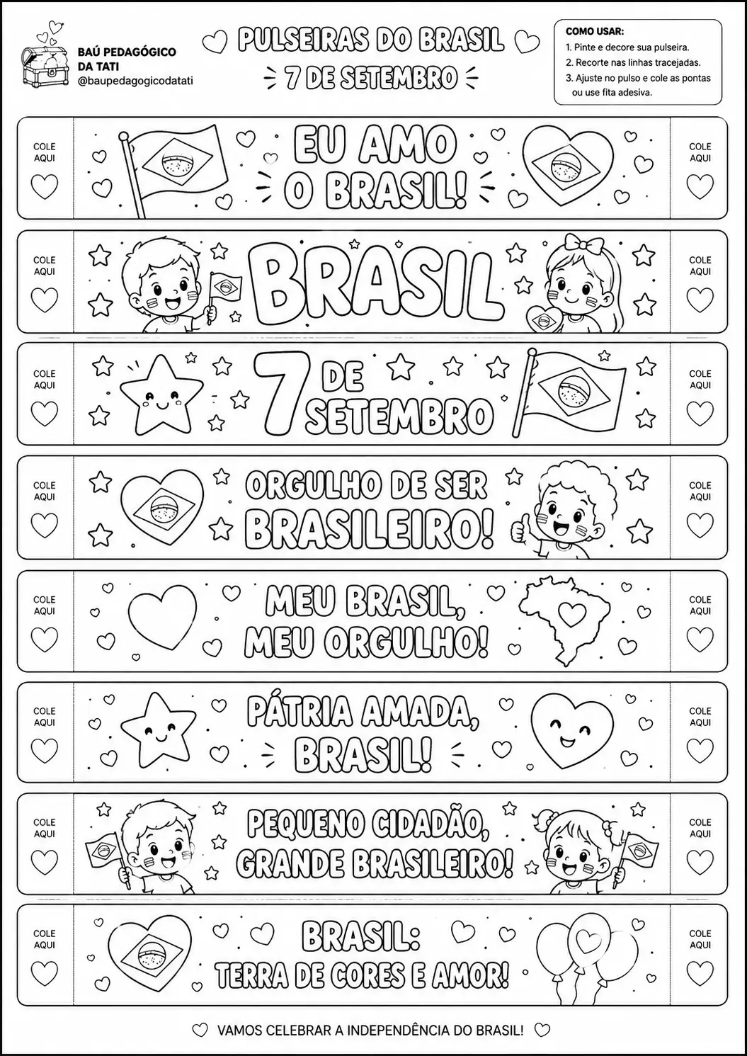 Pulseiras do Brasil para Colorir – 7 de Setembro — amostra 2: Pulseiras do Brasil para colorir e montar