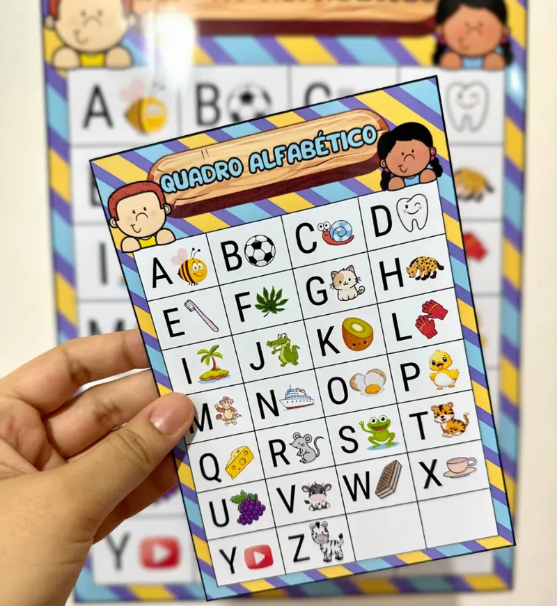 Quadro alfabético com figuras em PDF para imprimir — amostra 2: O que vem no material