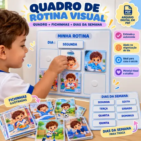 Quadro de Rotina Visual Infantil em PDF com Fichas Ilustradas — amostra 1: O arquivo inclui