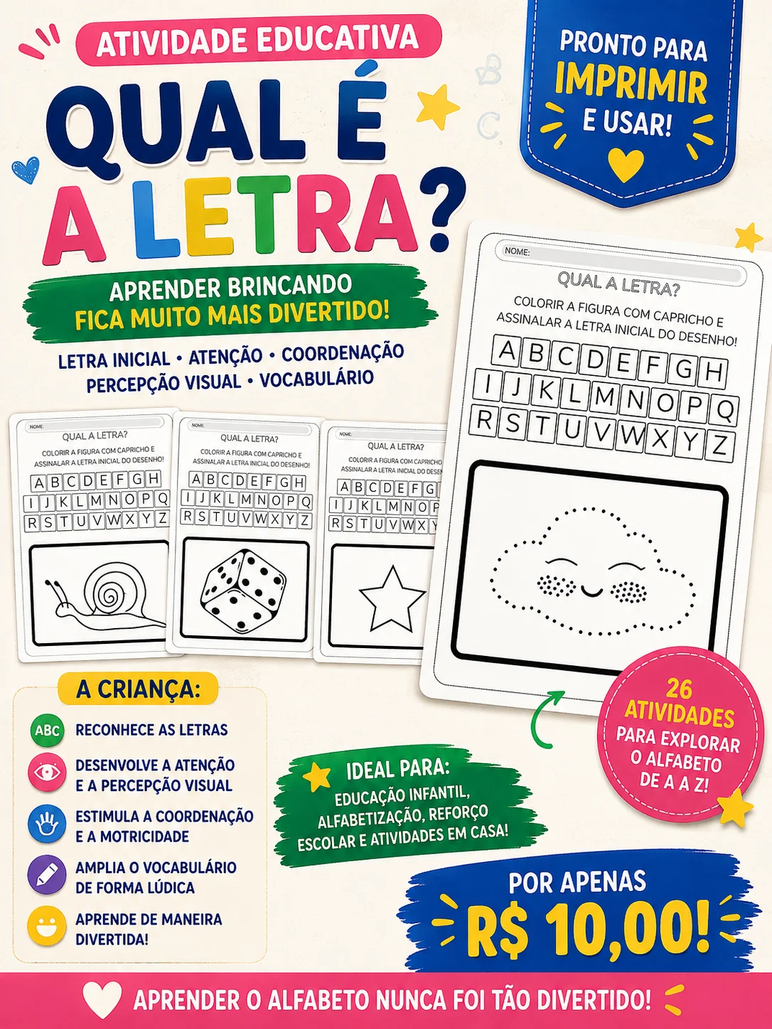 QUAL É A LETRA? — Aprender o alfabeto ficou mais divertido! — Alfabetização para Educação Infantil: Uma atividade simples,…