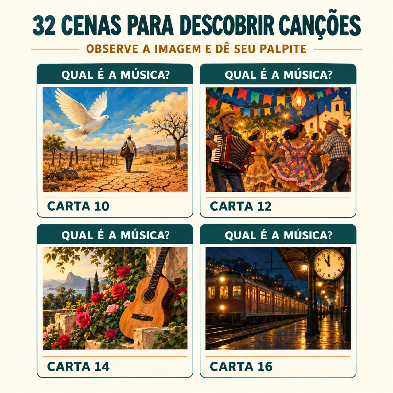 Qual É a Música? — Canções e Conversas em PDF — amostra 1: 32 cartas ilustradas grandes com versos, guia de pistas,…
