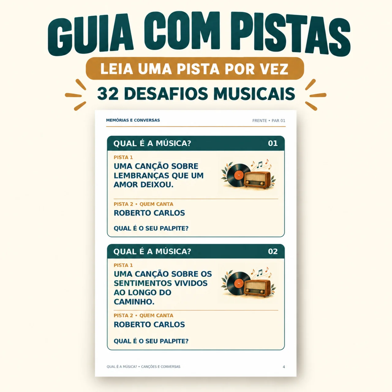 Qual É a Música? — Canções e Conversas em PDF — amostra 4: 32 cartas ilustradas grandes com versos, guia de pistas,…