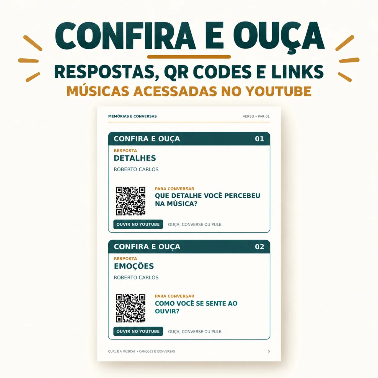 Qual É a Música? — Canções e Conversas em PDF — amostra 5: 32 cartas ilustradas grandes com versos, guia de pistas,…
