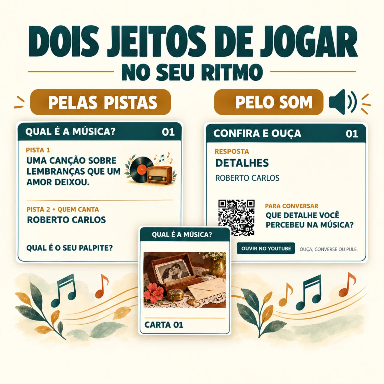 Qual É a Música? — Canções e Conversas em PDF — amostra 7: 32 cartas ilustradas grandes com versos, guia de pistas,…