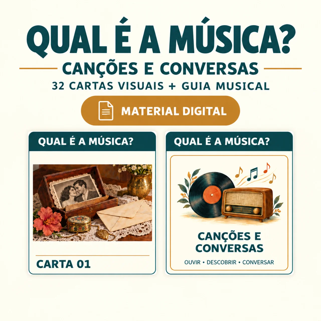 Qual É a Música? — Canções e Conversas em PDF — Jogos pedagógicos para Todas as séries: 32 cartas ilustradas grandes com…