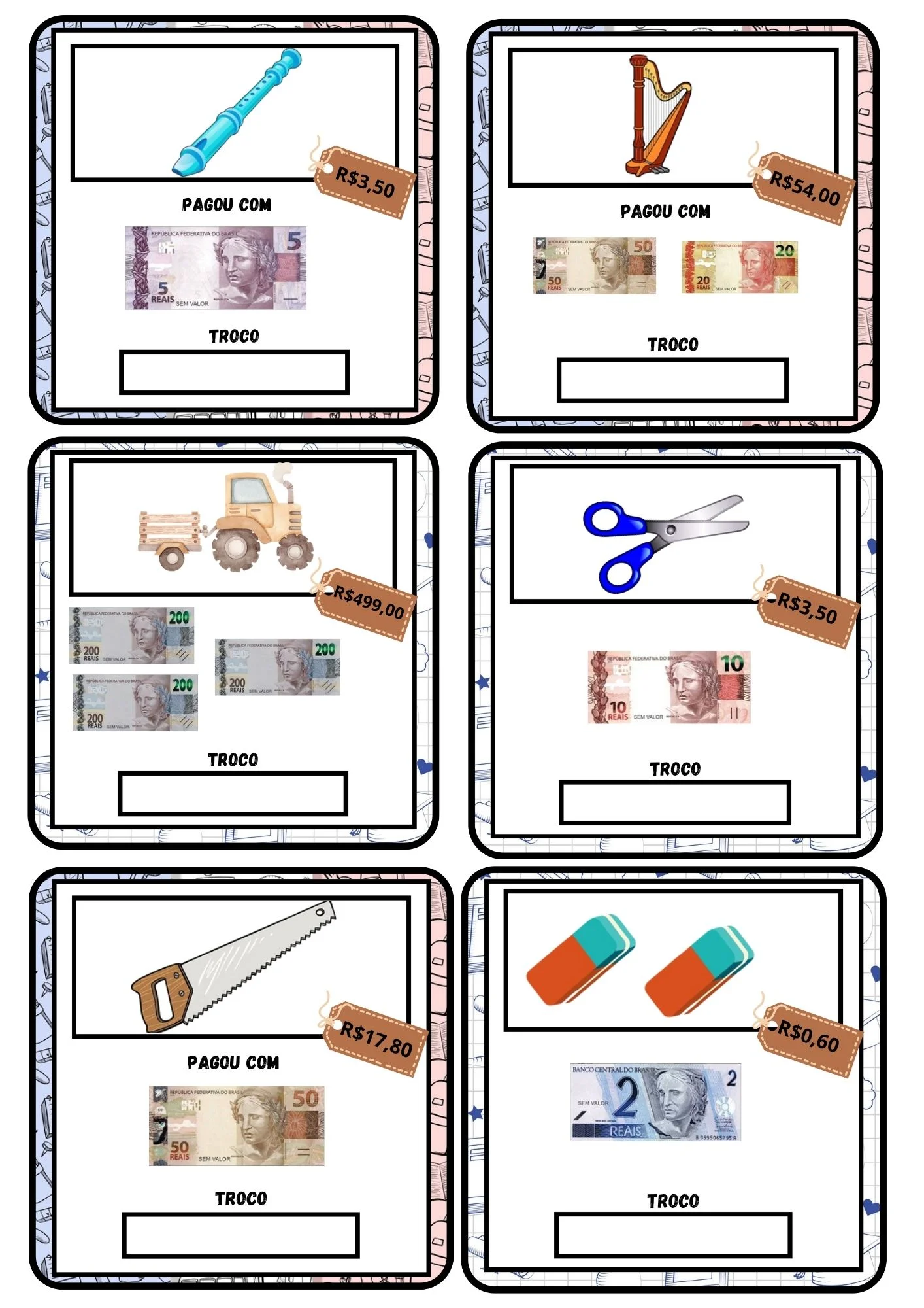 Qual é o Troco? Jogo Educativo de Matemática para Imprimir — amostra 3: Faixa etária / ano escolar Qual é o Troco? Jogo Educativo de Matemática para Imprimir — amostra 3: Faixa etária / ano escolar