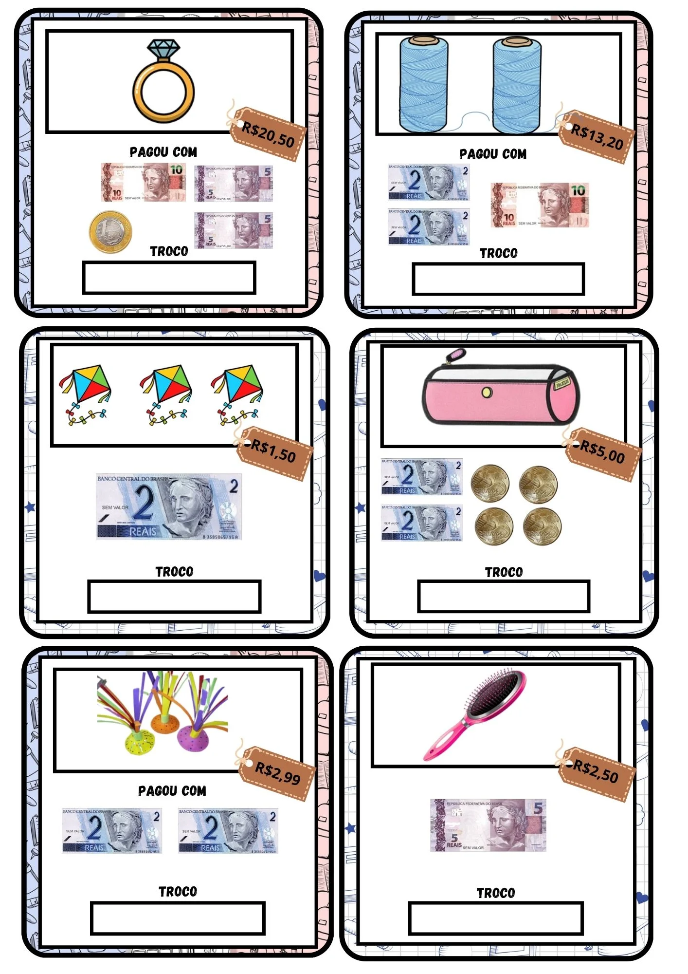 Qual é o Troco? Jogo Educativo de Matemática para Imprimir — amostra 4: Formato e impressão Qual é o Troco? Jogo Educativo de Matemática para Imprimir — amostra 4: Formato e impressão