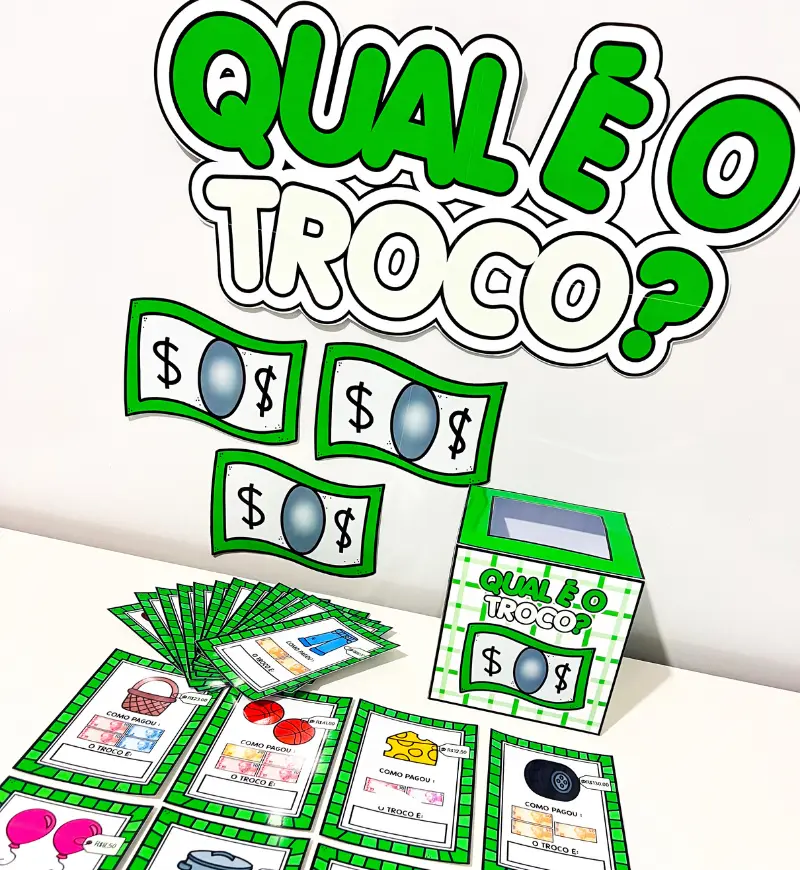 Qual é o Troco? | PDF Matemática Anos Iniciais — amostra 1: Contém fichas com diferentes produtos, preços e formas de…