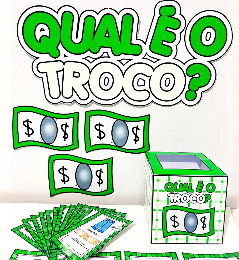 Qual é o Troco? | PDF Matemática Anos Iniciais — amostra 2: Contém fichas com diferentes produtos, preços e formas de…