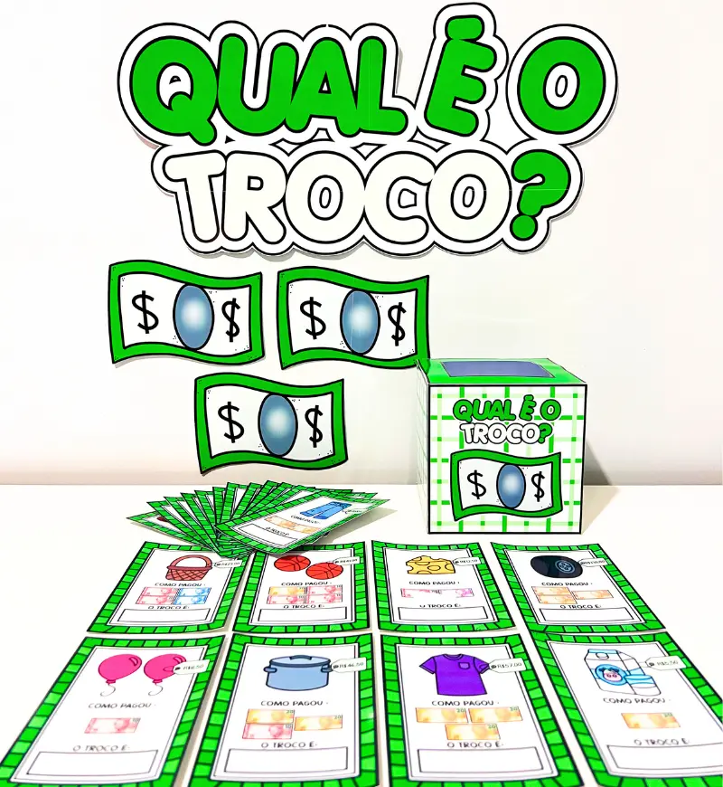 Qual é o Troco? | PDF Matemática Anos Iniciais — Atividades para 4º ano: Contém fichas com diferentes produtos, preços e…