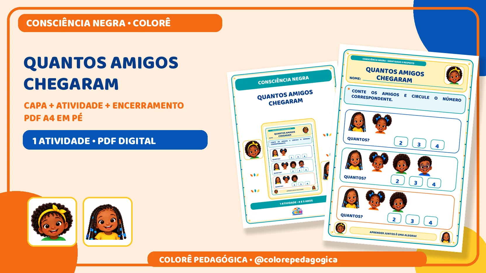 Quantos amigos chegaram | Matemática e Consciência Negra — amostra 1: Produto digital para impressão em A4, na orientação…