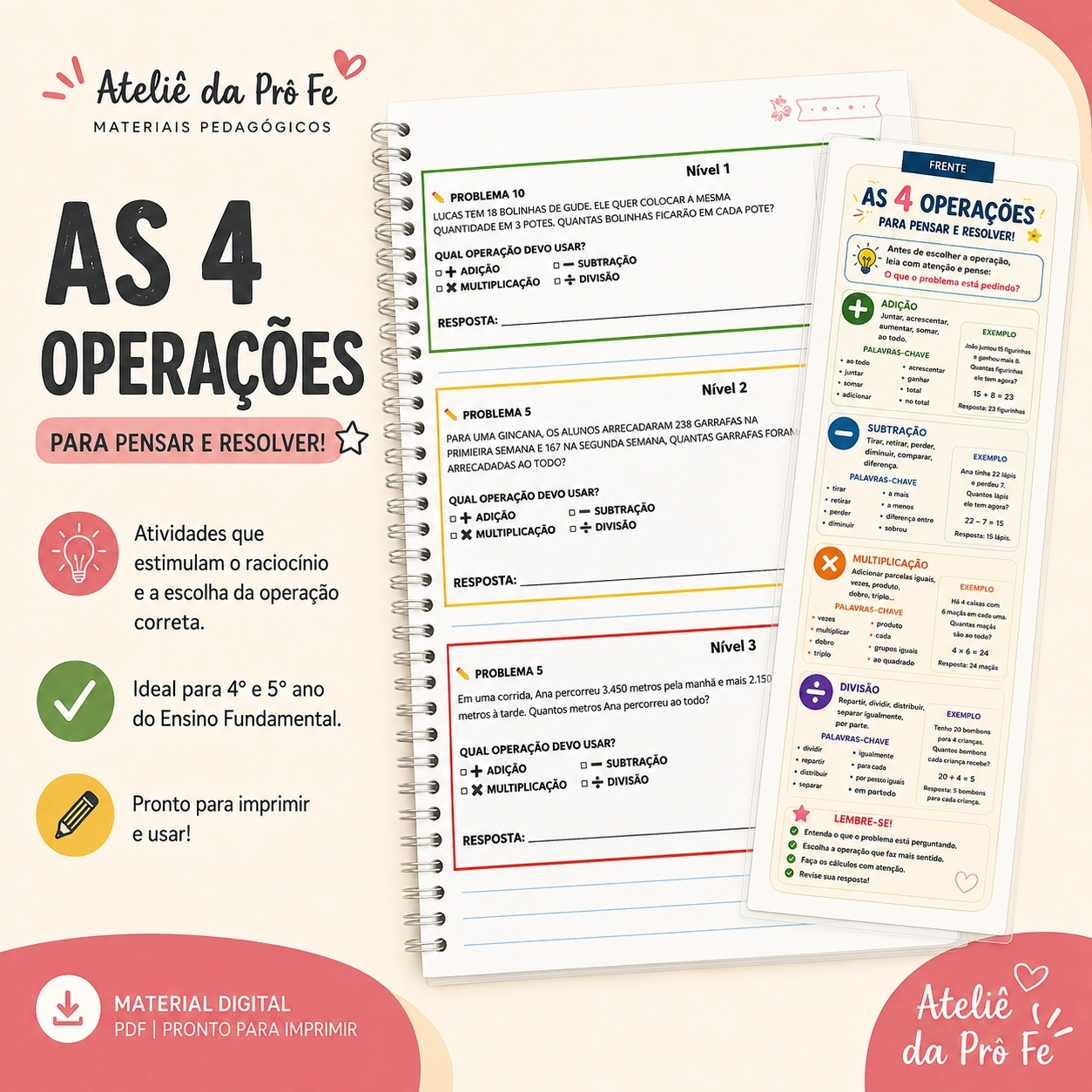 Quatro Operações na Prática | Marca-página + Problemas | 2º ao 5º ano — Matemática para 5º ano: Marca-página das 4…