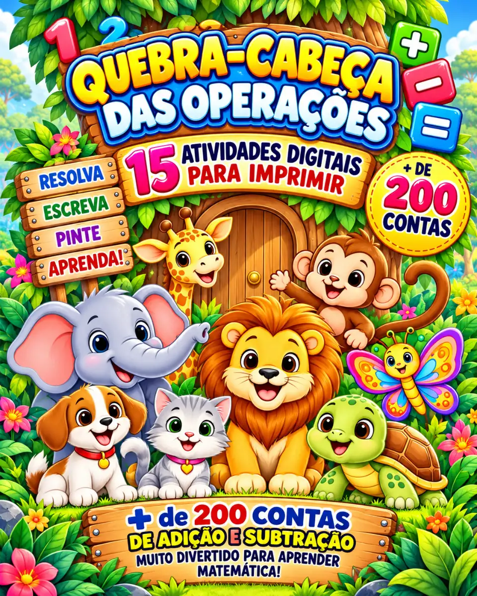 Quebra-cabeça de adição e subtração para colorir — Atividades para Ensino Fundamental I (1º–5º): Atividades com animais…