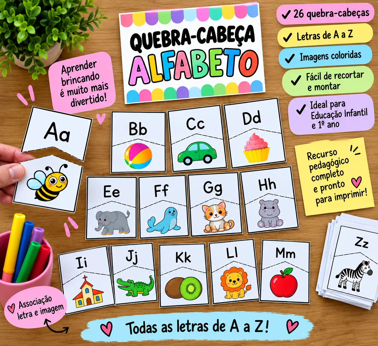 Quebra-Cabeça do Alfabeto – Letras e Figuras para Alfabetização — amostra 1: Quebra-Cabeça do Alfabeto – Aprendizado com…