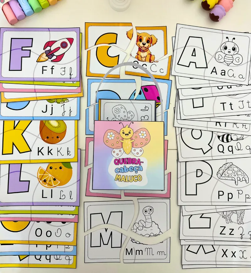 Quebra-cabeça do alfabeto: letras, figuras e montagem — amostra 1: Quebra-cabeça do alfabeto para aprender brincando