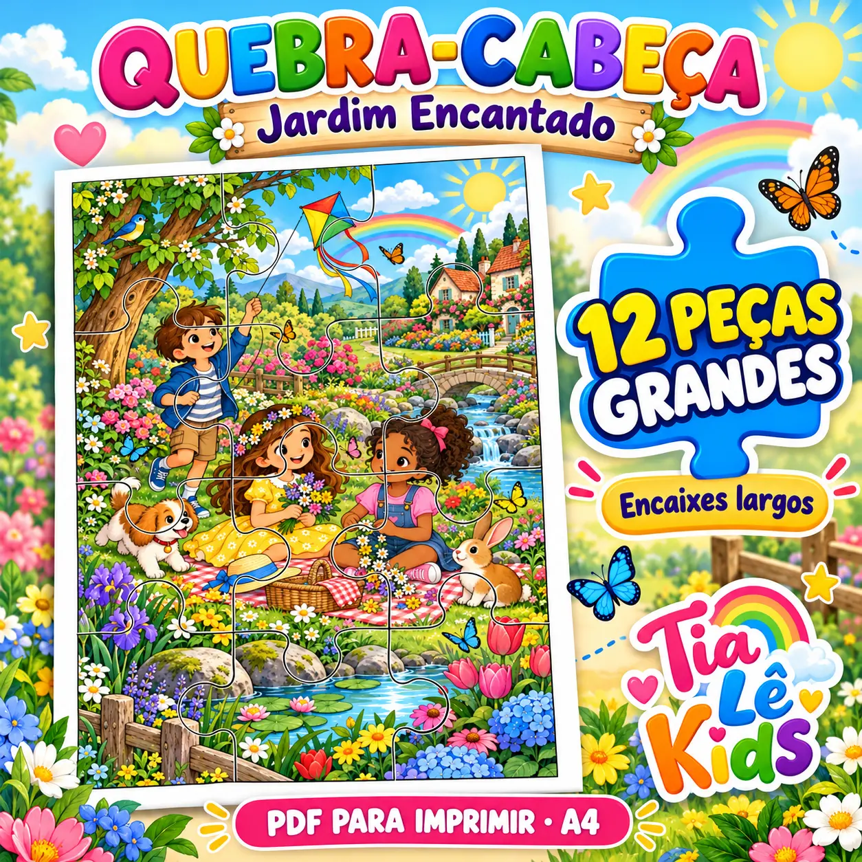 Quebra-cabeça Jardim Encantado: 12 peças para imprimir — Datas comemorativas para Educação Infantil: Quebra-cabeça colorido…