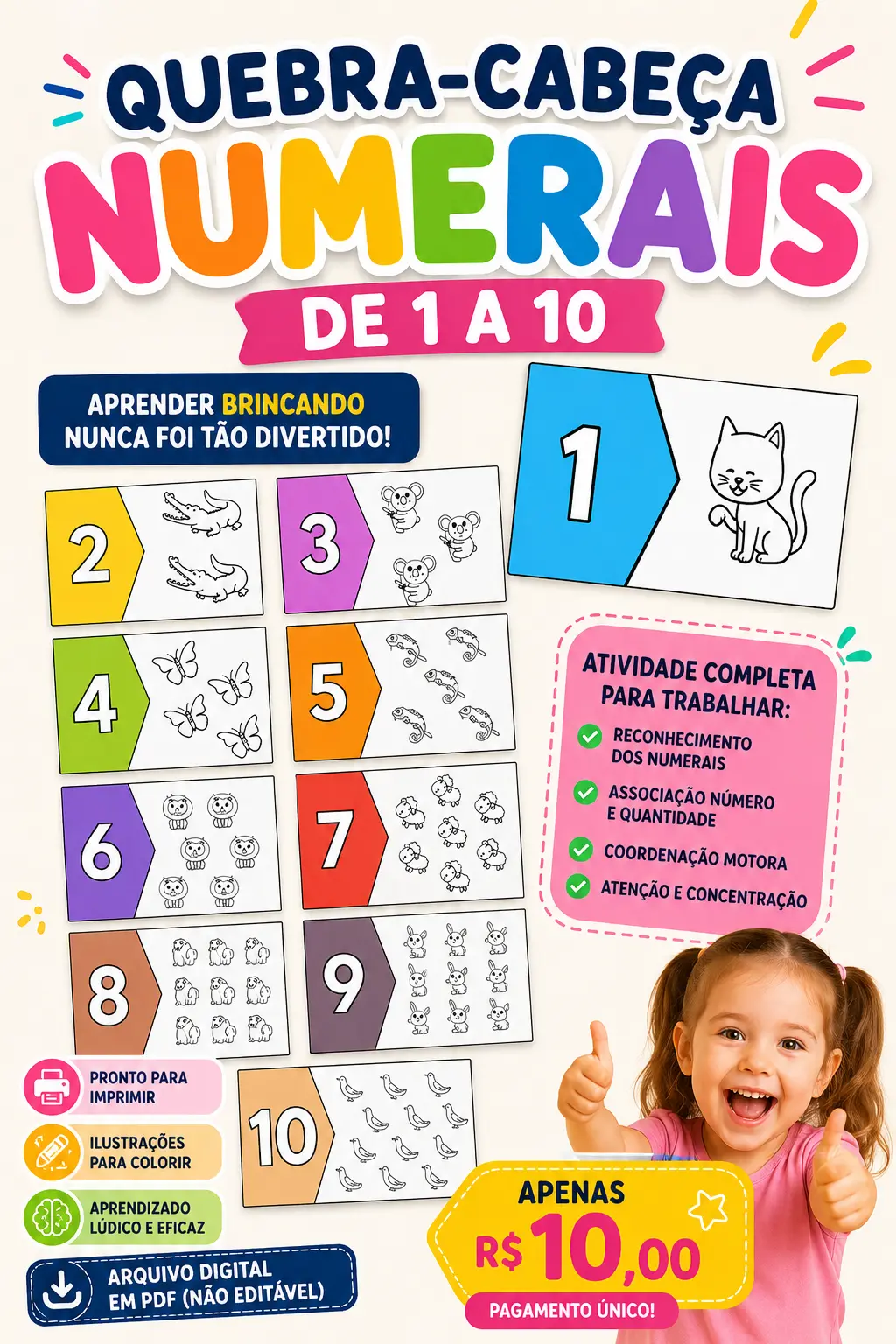 QUEBRA CABEÇA NUMERAIS DE 1 A 10 - EDUCAÇÃO INFANTIL E FUNDAMENTAL — capa do material