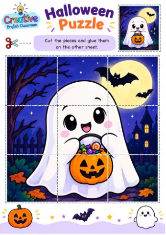 Quebra-Cabeças de Halloween – Recorte e Cole Pdf — amostra 6: Halloween cheio de diversão