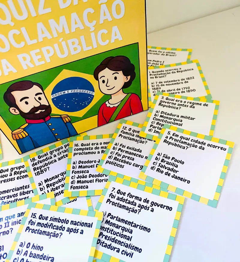 Quiz Proclamação da República: jogo em PDF para imprimir — amostra 2: O que vem no material