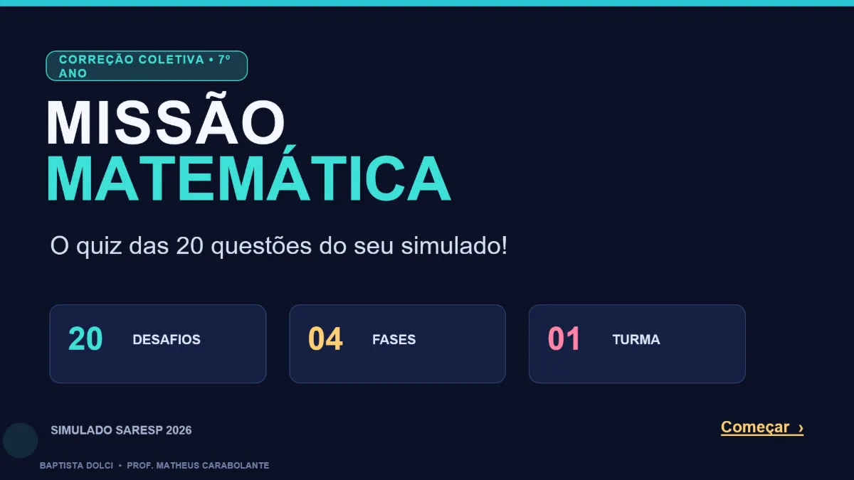 Quiz - Sareso Simulado Matemática 7°anos — Matemática para 7º ano: Simulado Saresp - Matemática 7°anos, com 20 questões…