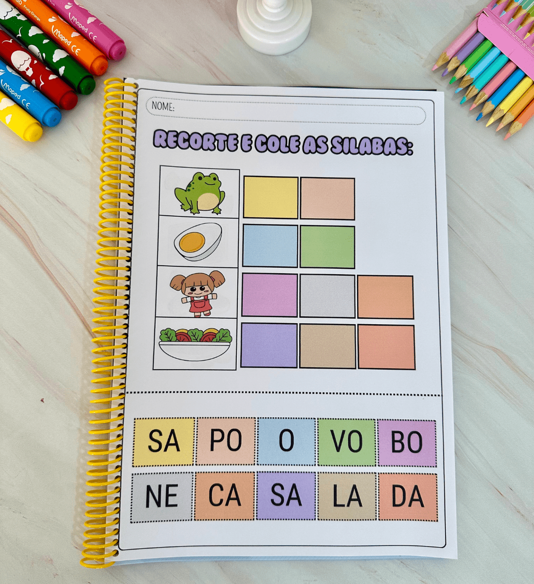 Recorte e cole sílabas: PDF para alfabetização e Educação Especial — amostra 2: O que vem no material