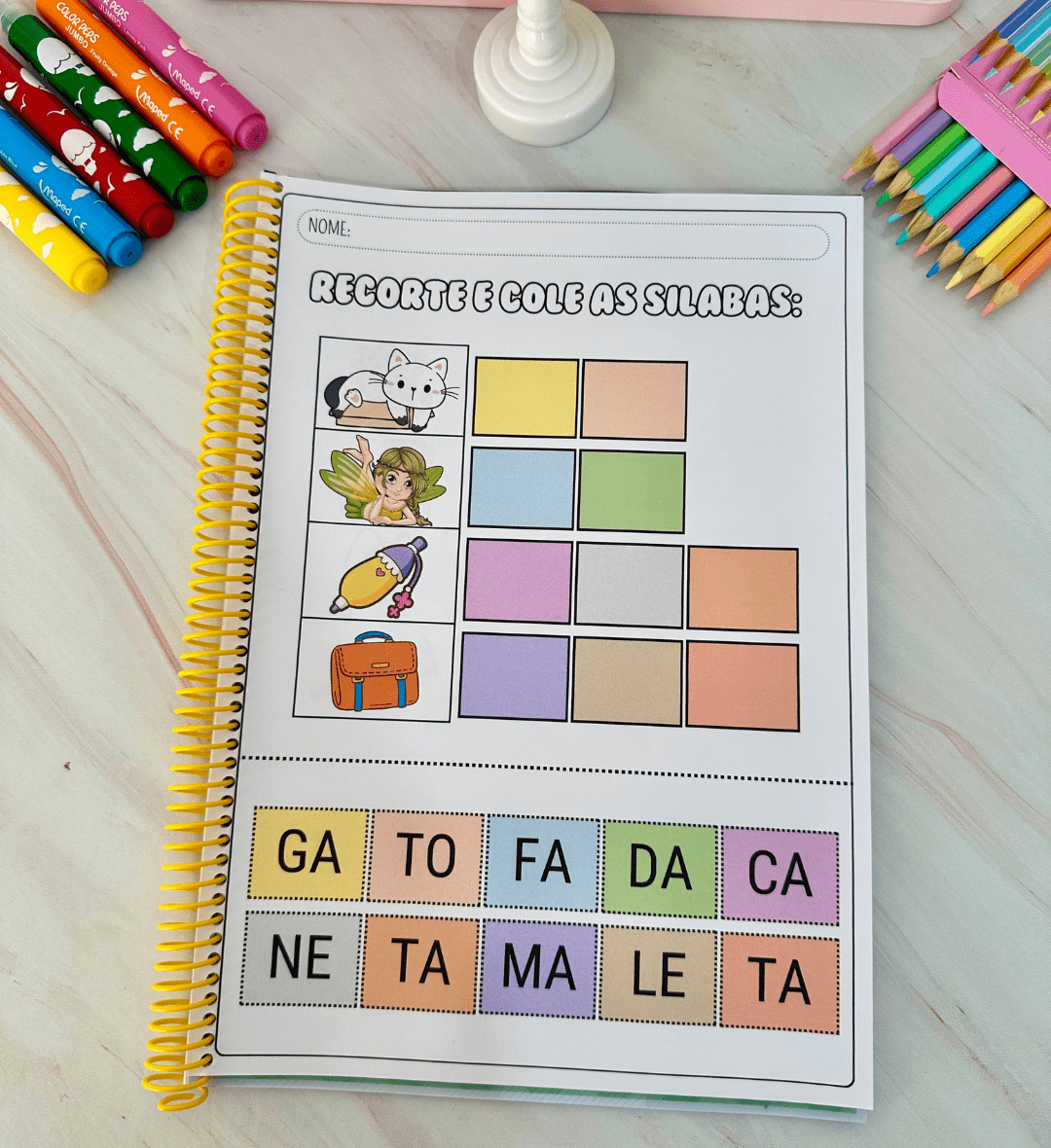 Recorte e cole sílabas: PDF para alfabetização e Educação Especial — amostra 4: Objetivos pedagógicos e público indicado
