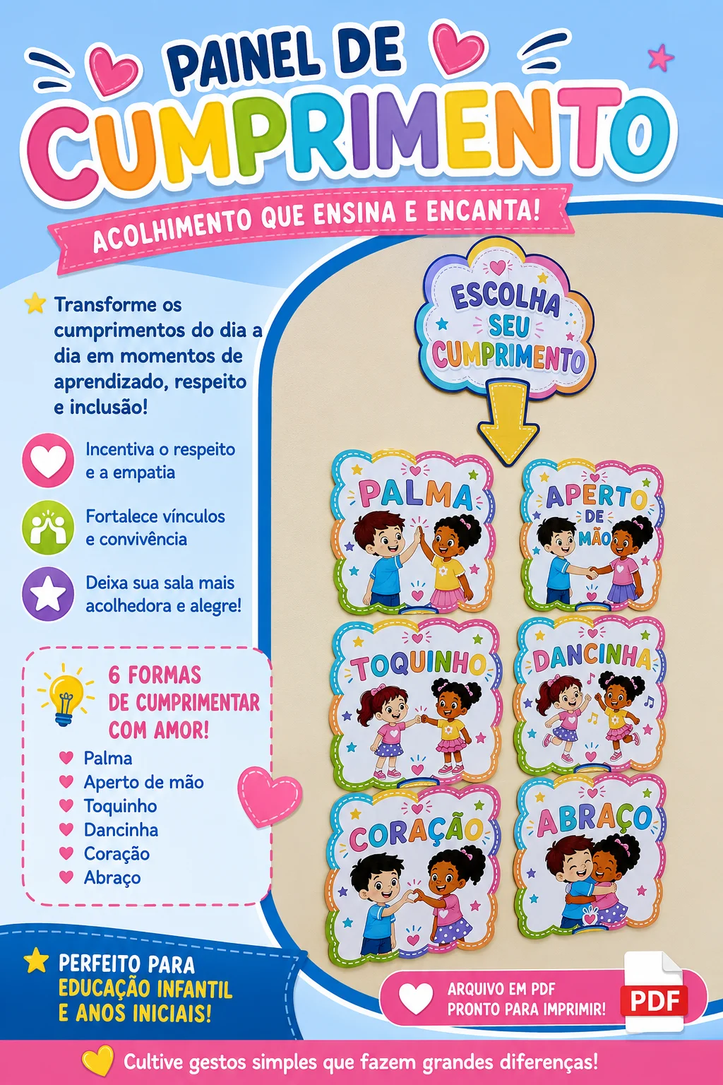 Recurso de Interação e Socialização - Escolha seu cumprimento — Alfabetização para Educação Infantil: O recurso trabalha:…