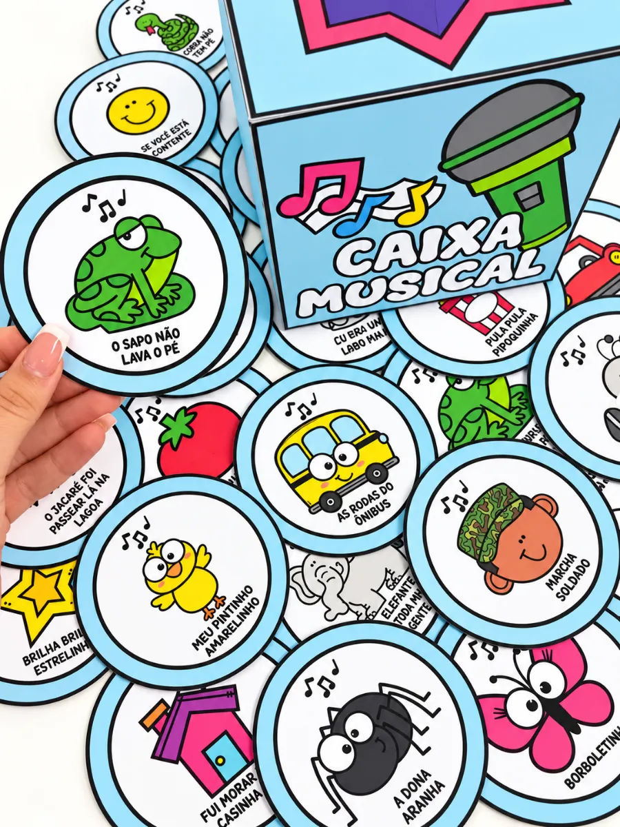 Recurso Musical para Educação Infantil – Caixa Musical — amostra 2: Caixa Musical com 30 fichas ilustradas de músicas…