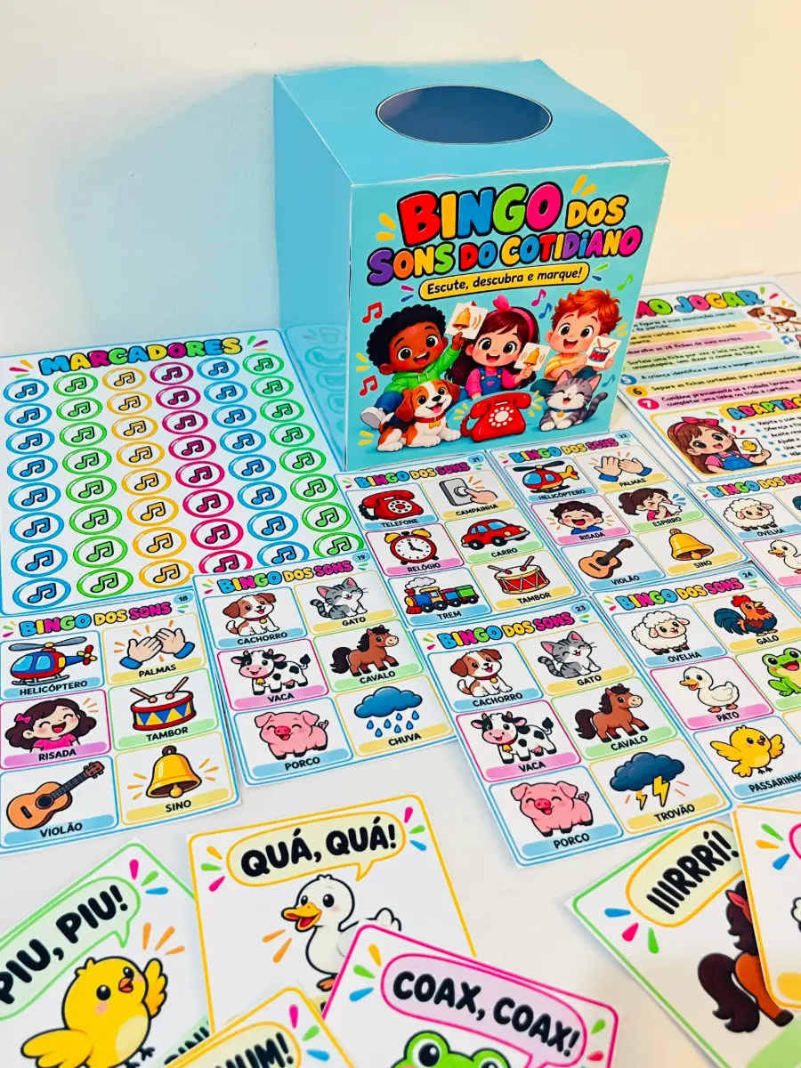 Recurso Pedagógico Bingo Sons do Cotidiano - Onomatopeias — amostra 1: Recurso criado para trabalhar percepção auditiva,…