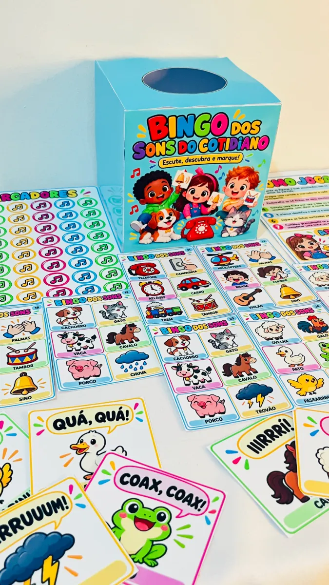 Recurso Pedagógico Bingo Sons do Cotidiano - Onomatopeias — amostra 3: Recurso criado para trabalhar percepção auditiva,…