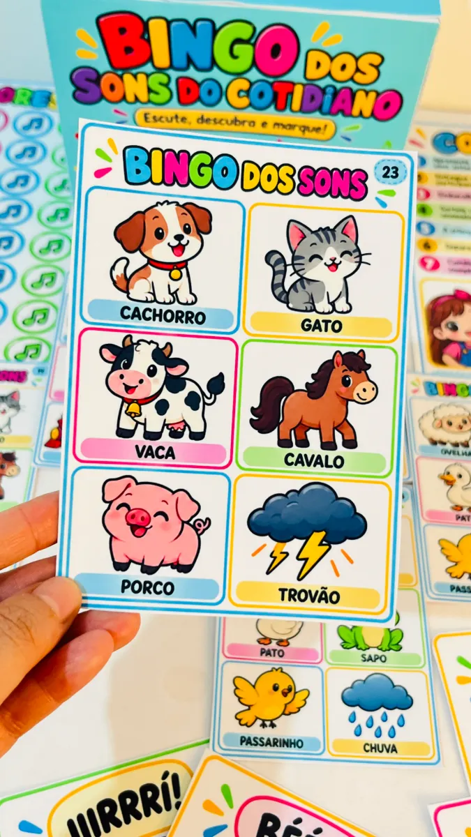 Recurso Pedagógico Bingo Sons do Cotidiano - Onomatopeias — amostra 4: Recurso criado para trabalhar percepção auditiva,…
