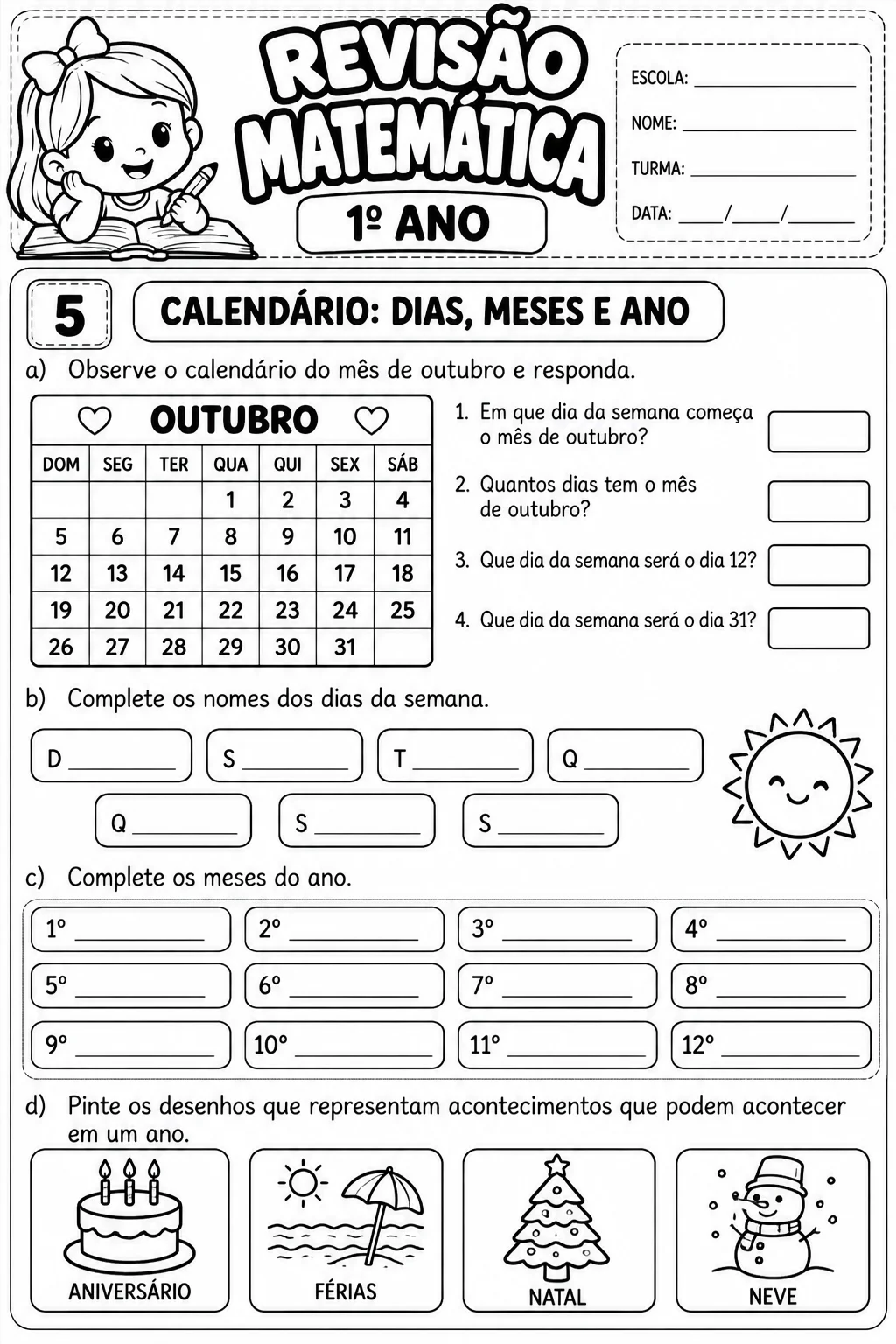 Revisão de Matemática 1º Ano – Atividades Ilustradas — amostra 5: Revisão de Matemática para o 1º ano com atividades…