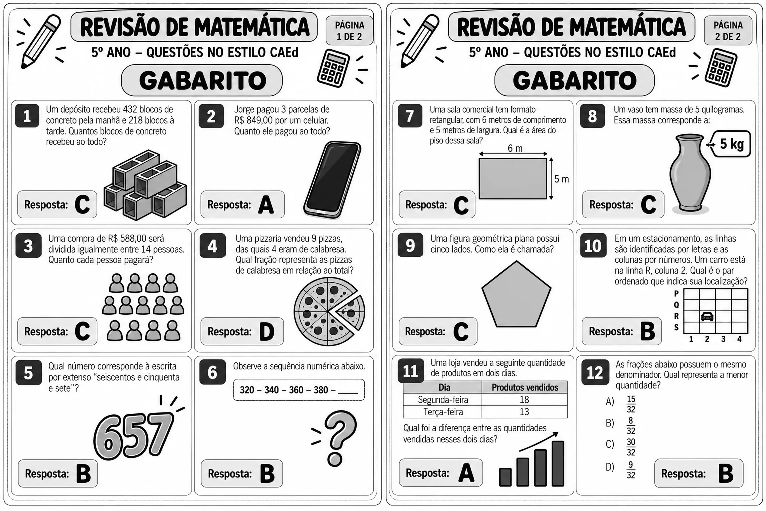 Revisão de Matemática 5º Ano – 36 Questões Estilo CAEd — amostra 2: Conteúdos trabalhados Revisão de Matemática 5º Ano – 36 Questões Estilo CAEd — amostra 2: Conteúdos trabalhados