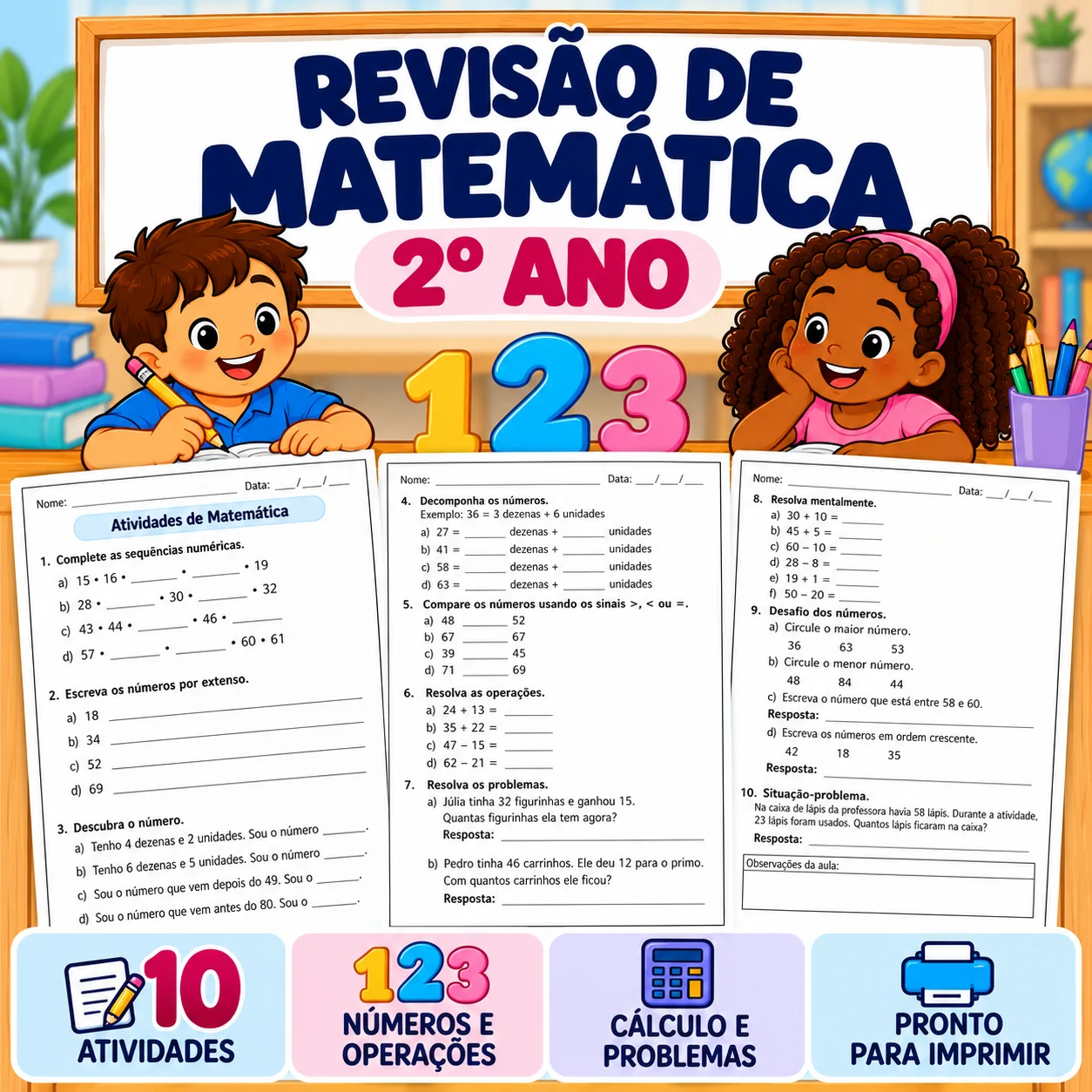 Revisão de Matemática | Conteúdos Básicos do 2º Ano — Português para 2º ano: 10 atividades para revisar sequência numérica,…