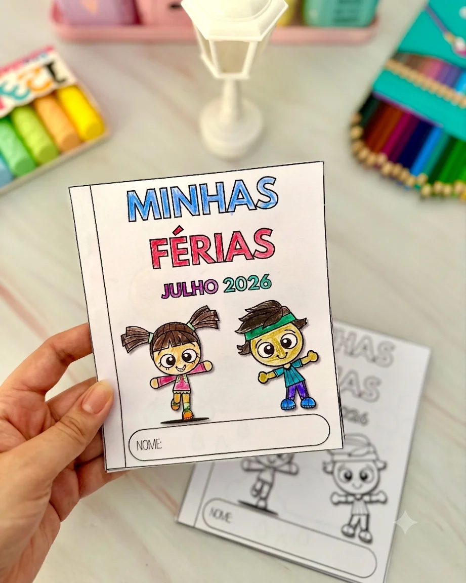 Revistinha minhas férias - Julho de 2026 — amostra 6: Para a criança registrar os principais momentos das suas férias