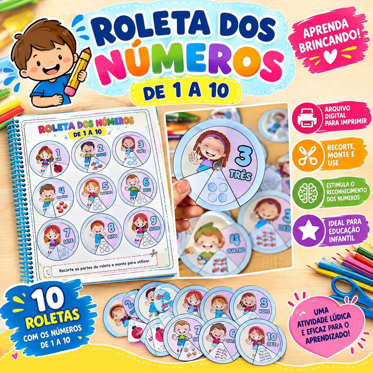 Roleta dos Números de 1 a 10 — Matemática para Educação Infantil: Roleta dos números de 1 a 10 para recortar, montar e…