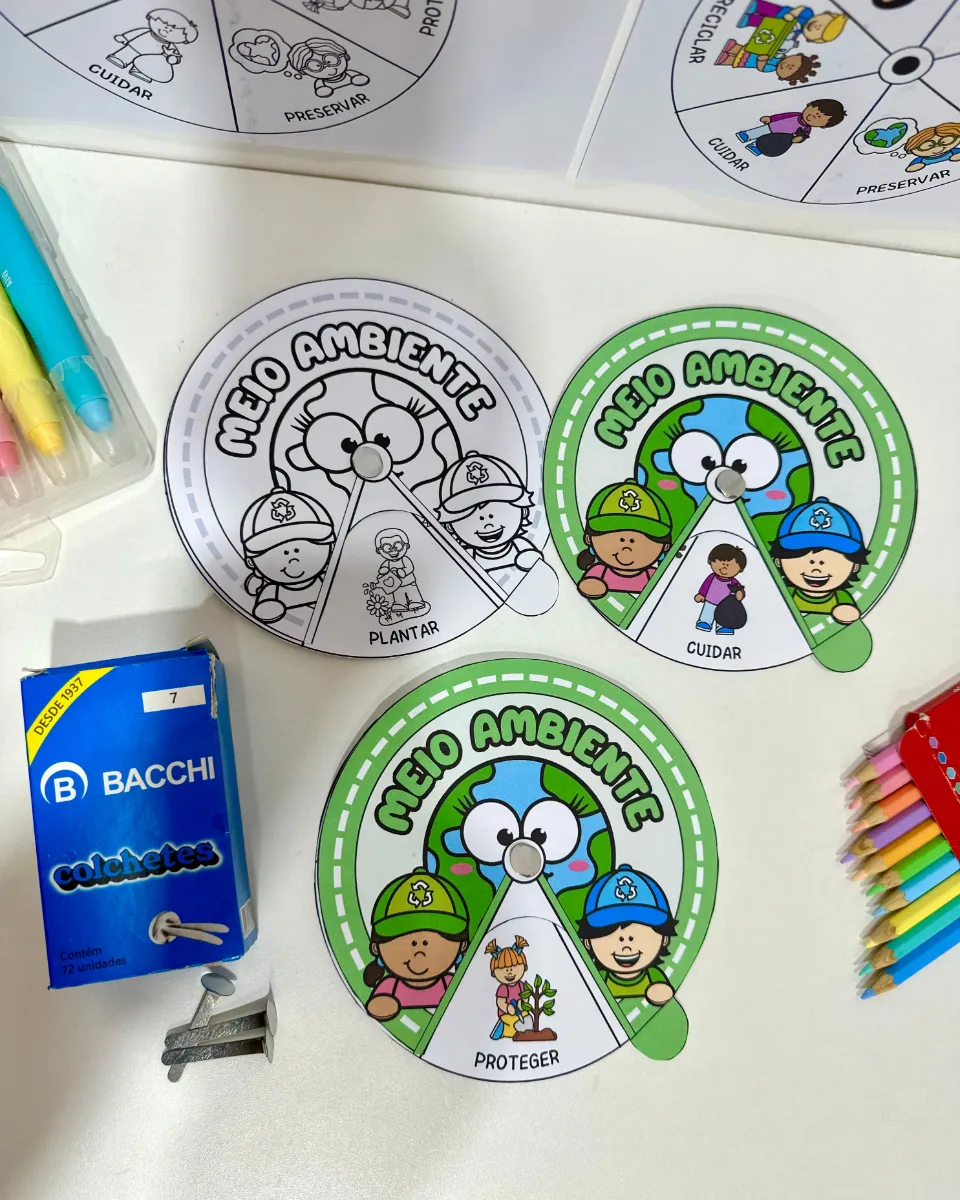 Roleta Meio Ambiente em PDF para Educação Infantil — amostra 2: Roleta Meio Ambiente colorida e para colorir