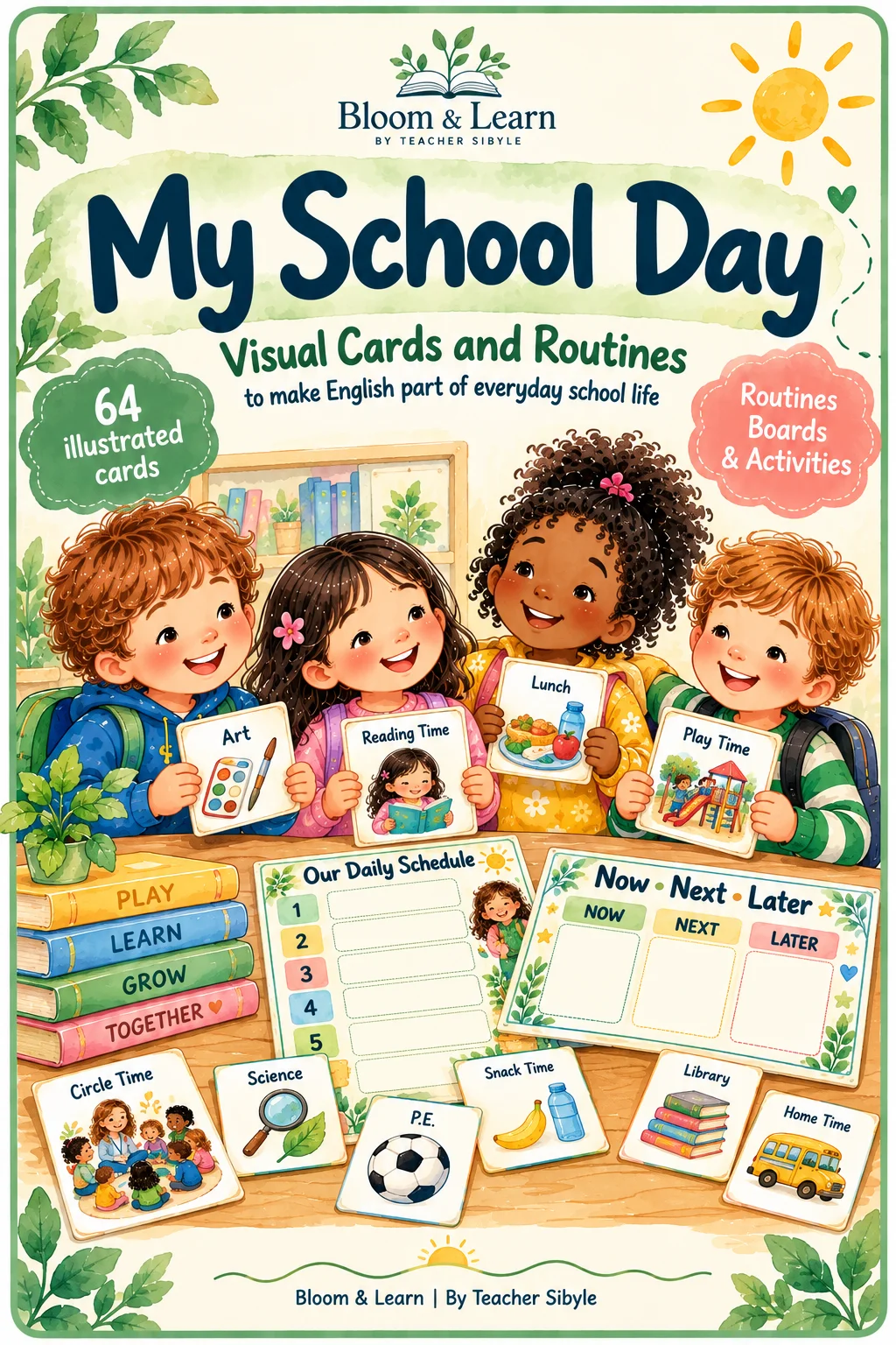 Rotina Escolar em Inglês | 64 Flashcards e Painéis Visuais — amostra 1: 64 cartões de rotina escolar em inglês, com…