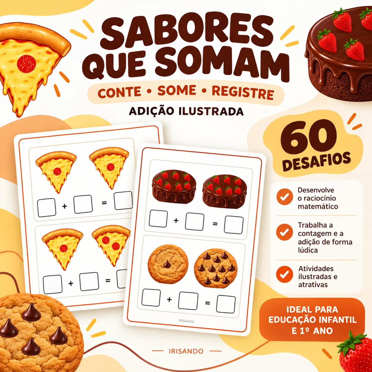Sabores que Somam – Adição Ilustrada - Matemática — amostra 1: O material apresenta desafios com pizza, bolo e cookie, nos… Sabores que Somam – Adição Ilustrada - Matemática — amostra 1: O material apresenta desafios com pizza, bolo e cookie, nos…