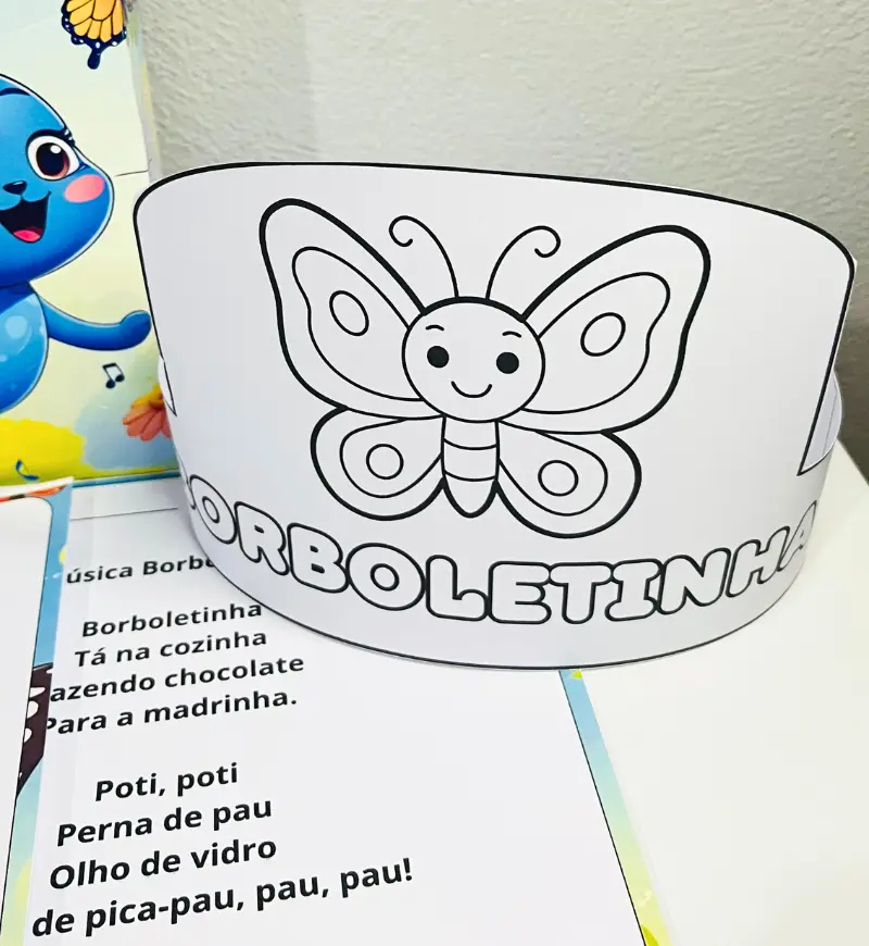 Sacola Musical Borboletinha: PDF para Cantar e Colorir — amostra 2: O que vem no material